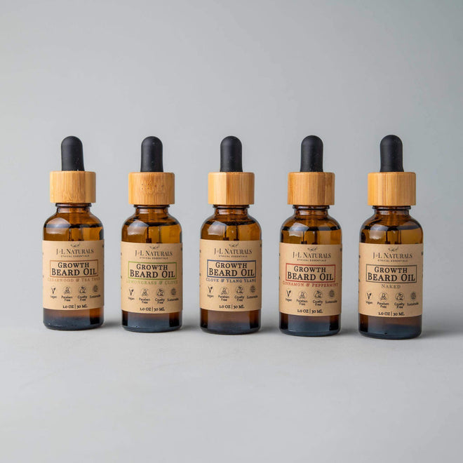 Beard Oil Bundle 5-Pack ($90 Value)-J&L Naturals-Beard Oils,Cedarwood,Cinnamon,Lemongrass,Men's,Non-CBD,Peppermint,Recycleable,Sets,Tea Tree,Ylang Ylang