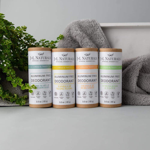 Aluminum-Free Deodorant Bundle 4-Pack ($44 Value)-J&L Naturals-Bergamot,Biodegradable,Body,Cedarwood,Clove,Deodorants,Lemongrass,Men's,Naked,Non-CBD,Orange,Peppermint,Rosemary,Sets,Vanilla,Ylang Ylang