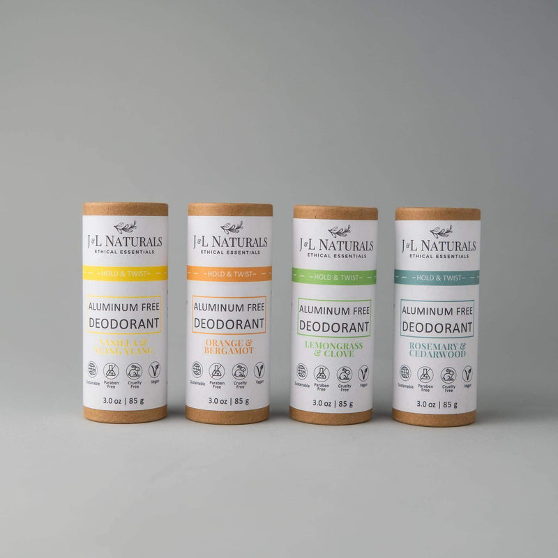 Aluminum-Free Deodorant Bundle 4-Pack ($44 Value)-J&L Naturals-Bergamot,Biodegradable,Body,Cedarwood,Clove,Deodorants,Lemongrass,Men's,Naked,Non-CBD,Orange,Peppermint,Rosemary,Sets,Vanilla,Ylang Ylang