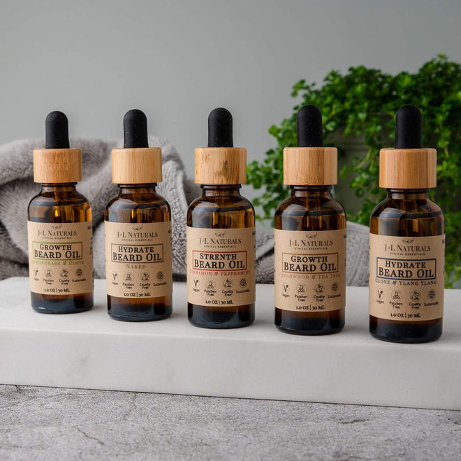 Beard Oil Bundle 5-Pack ($90 Value)-J&L Naturals-Beard Oils,Cedarwood,Cinnamon,Lemongrass,Men's,Non-CBD,Peppermint,Recycleable,Sets,Tea Tree,Ylang Ylang